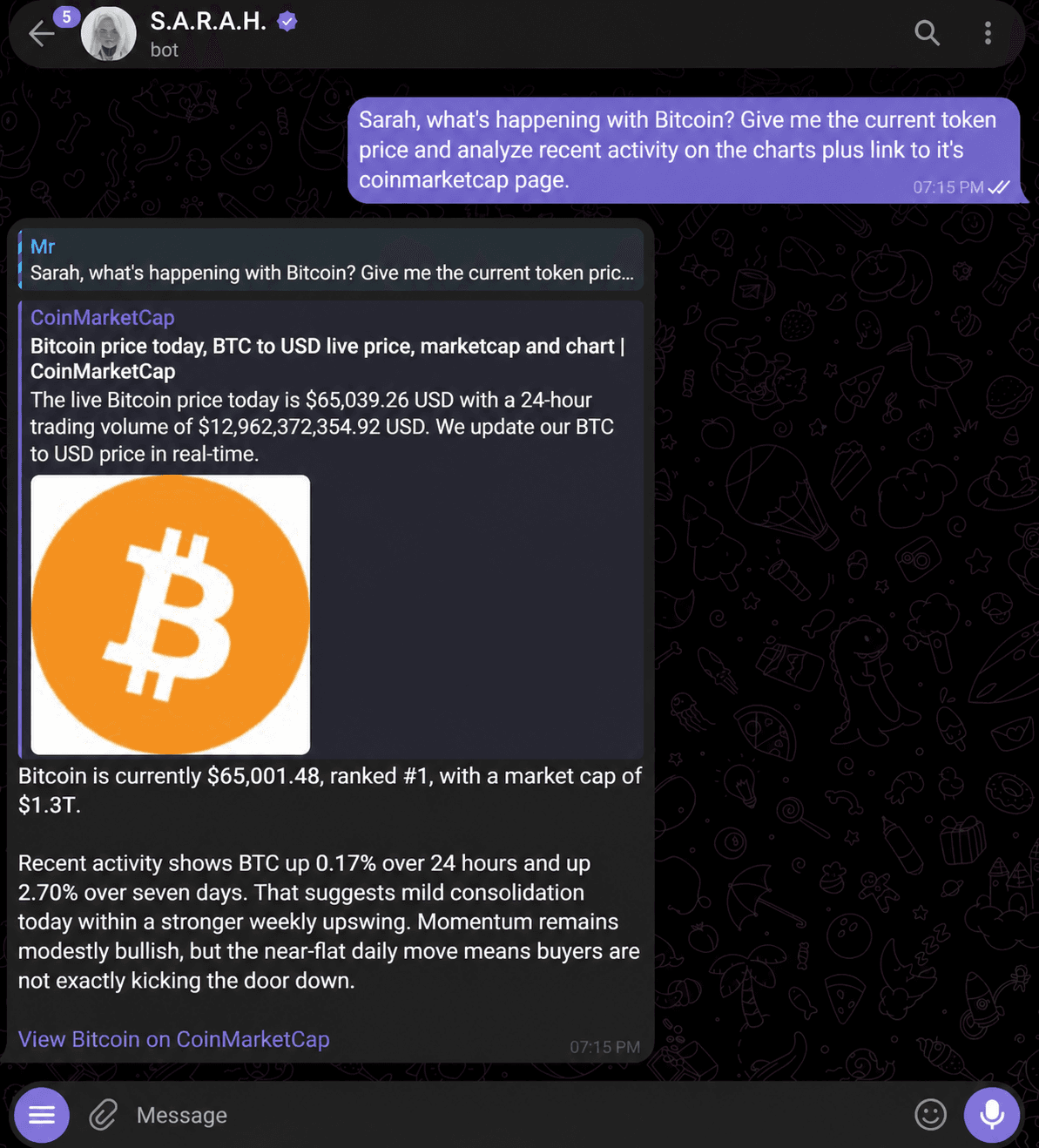Historical S.A.R.A.H. Telegram response showing a Bitcoin question, answer, and CoinMarketCap source.